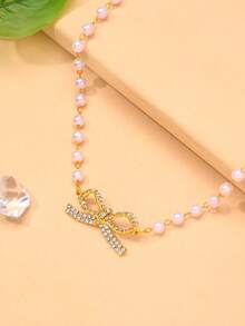 1件水晶蝴蝶吊坠项链，珍珠项链，颈链，新款中式婚礼首饰，女士情人节礼物 - 彩色 - 查看 6