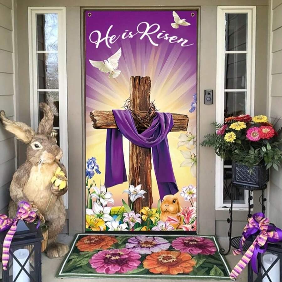 1pc Easter Joyful Wreath Decor, Polyester He Is Risen Pattern Spring Porch Sign Holiday Party Front Door Hanging Background Indoor Outdoor Banner Home Decor, 70x35 Inches