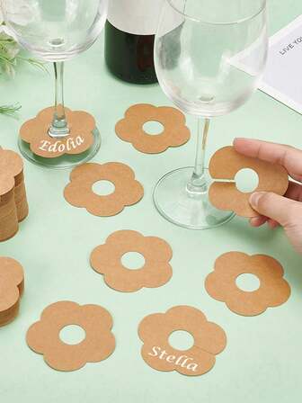 100pcs Brown & White Wine Glass Charms Flower-Shaped Drink Markers For Birthday Party Decorations & Glassware Tags, Wedding, Festive Table Decor