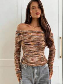 Women's Elegant Off-Shoulder Ruffled Slim-Fit Long-Sleeved Knit T-Shirt For Autumn And Winter, Y2K Style, Women's Long-Sleeved Top, Women's Winter Clothing, Outerwear. - Gradient Colors - View 4