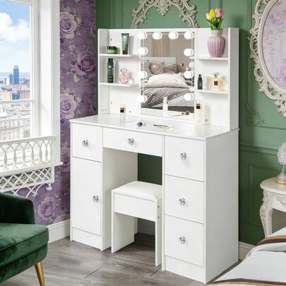 White Vanity Makeup Table Dressing Table With Mirror, 5 Drawers Crystal Handle - Perfect For Organizing Makeup, Skincare, Elegant Vanity|Decorative Vanity, Vanity Furniture, Compact For Small Space, Bedroom Decor Gift , Suitable For Christmas And Halloween Decorations