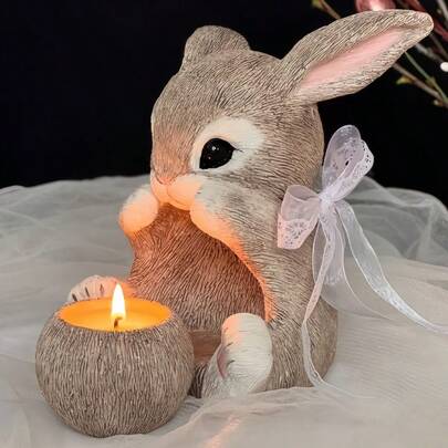 2件套DIY粘土模具复活节坐姿兔子杯环氧树脂硅胶模具复活节兔子圆形蜡烛杯石膏水泥模具小花盆烛台硅胶模具逼真兔子蜡烛模具，可重复使用，易脱模