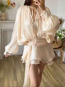 Women's Elegant Satin Silk Ruffle Flowy Mini Dress Y2k Long Lantern Sleeve Tie-Up Front Pleated Dress High Waist Spliced Short Dress Club Cocktail Party Outfits Streetwear - 杏色 - 查看 1