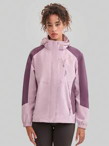 1 件女士拼色春秋风衣，户外运动防风防水轻便夹克，长袖 - 藕粉色 - 查看 4