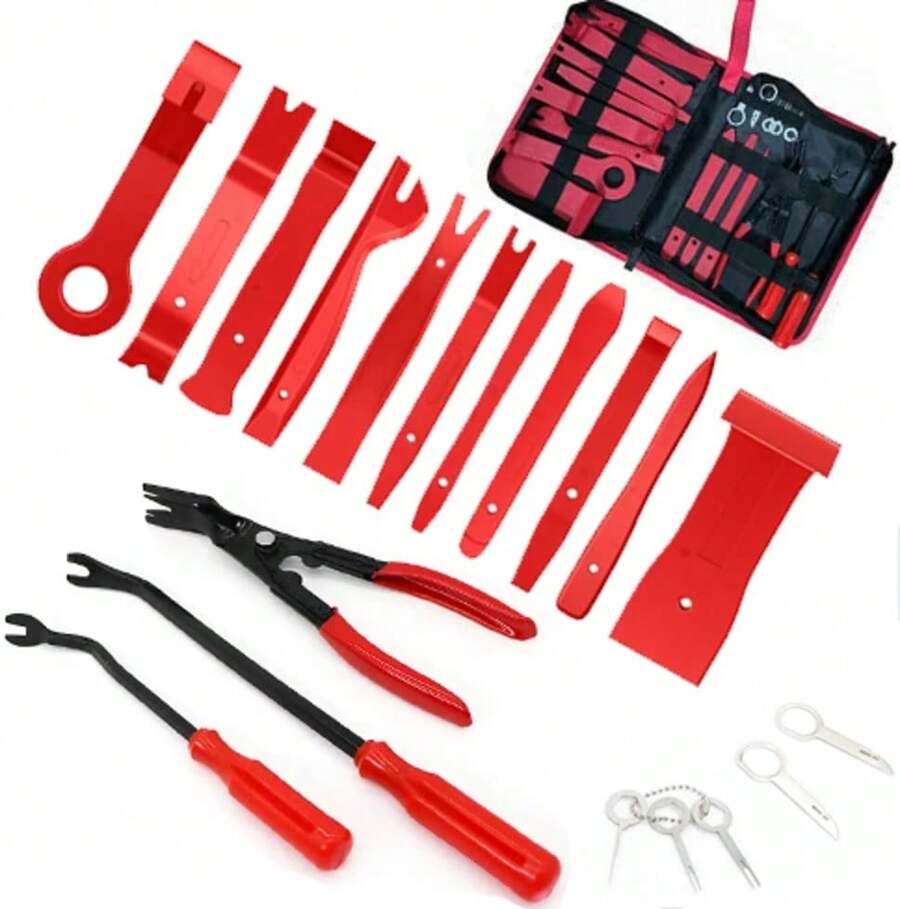 19 piezas/juego de clips para puertas de coche, herramientas de desmontaje de coche, kits de reacondicionamiento de DVD estéreo, herramienta de extracción de panel de moldura de plástico interior - Rojo - Ver 1