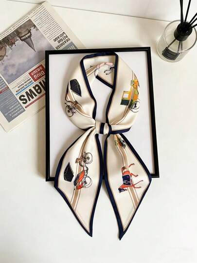 1件女士马车印花时尚真丝围巾头巾，窄款围巾，发带，是提升您整体造型的理想之选。