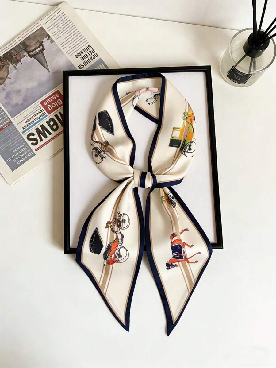 1pc Women Carriage Print Fashion Style Silk Scarf Bandana,Skinny Scarf,Head Band Ideal For Dressing Up Your Look Silk Scarves - Multicolor - View 1
