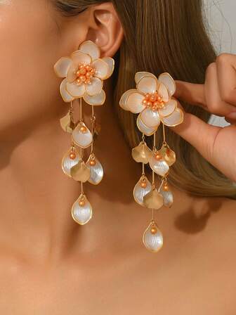 2pcs Bohemian Style Middle Eastern Floral Handmade DIY Woven Oriental Palace Large Earrings, Includes Faux Pearl Flower Pendant Earrings In Multiple Colors & Designs, Suitable For Women's Daily Wear, Festivals, Parties, Gifts. Note: Due To Handmade Nature, The Product May Be Slightly Deformed During Transportation, Please Manually Adjust If Needed Upon Receipt.