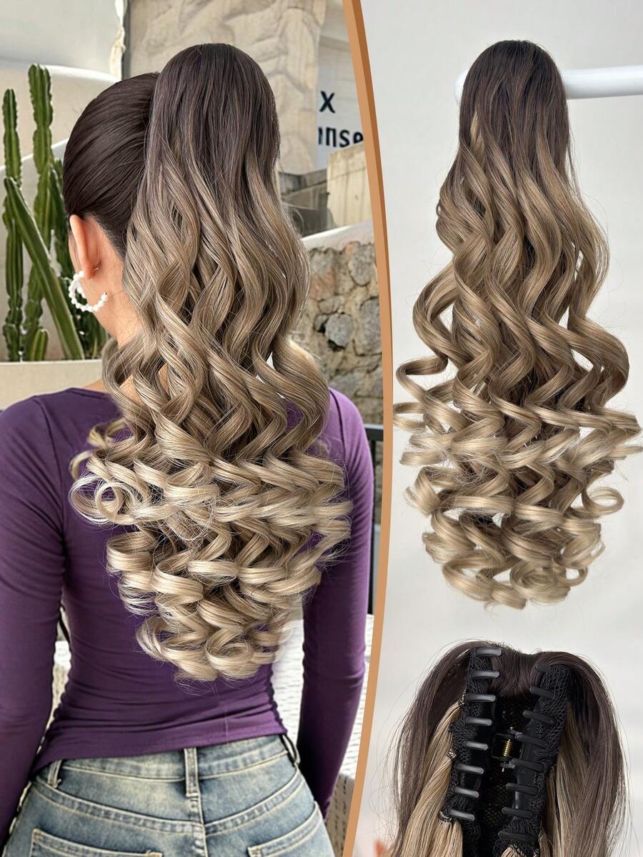 20-24 Inch Long Wavy Synthetic Hair Ponytail Extensions, Claw Clip On, Light Brown Color, Suitable For Daily Wear