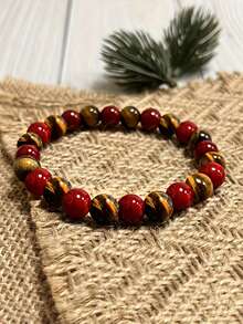 内在力量宝石手链 – 红碧玉、虎眼石，象征守护、自信、勇气和能量，串珠瑜伽冥想饰品，男女皆宜 - 彩色 - 查看 5