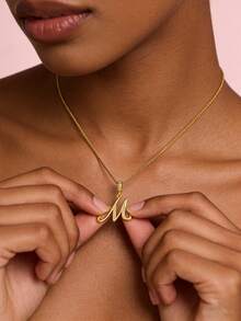 MECYLIFE 1件优雅字母项链，女士水钻字母吊坠项链，配不锈钢链，个性化百搭日常饰品 - 金黃色 - 查看 2