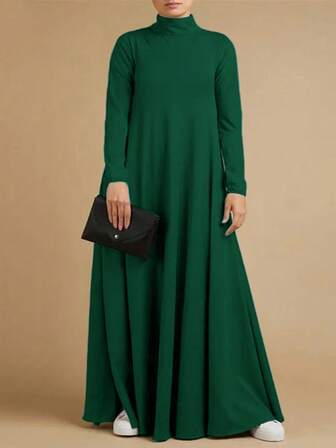 Abito casual a maniche lunghe con collo alto e tinta unita, vestito a trapezio con tasche (T-shirt dress)