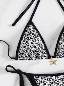 wohenmeili 女士性感露背系带几何印花开衩比基尼套装，夏季海滩度假 - 黑色 - 查看 3