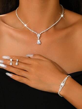 3pcs Sparkling Crystal Jewelry Set: Teardrop Pendant Necklace, Bracelet, Earrings, Elegant Decoration For Party, Wedding, Valentine's Day Gift