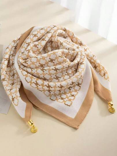 1pc Elegant Geometric Floral Pattern Scarf, Soft Milk Tea Color With Small Golden Ball Pendant Decor, Lightweight Neck Wrap