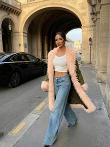 معطف أنيق أخضر زيتوني للنساء، جاكيت طويل مزين بفرو وردي اصطناعي، معطف فرو اصطناعي عصري بتصميم زوجة المافيا للحفلات الكرنفالية والسهرات الليلية - بني - مشاهدة 9