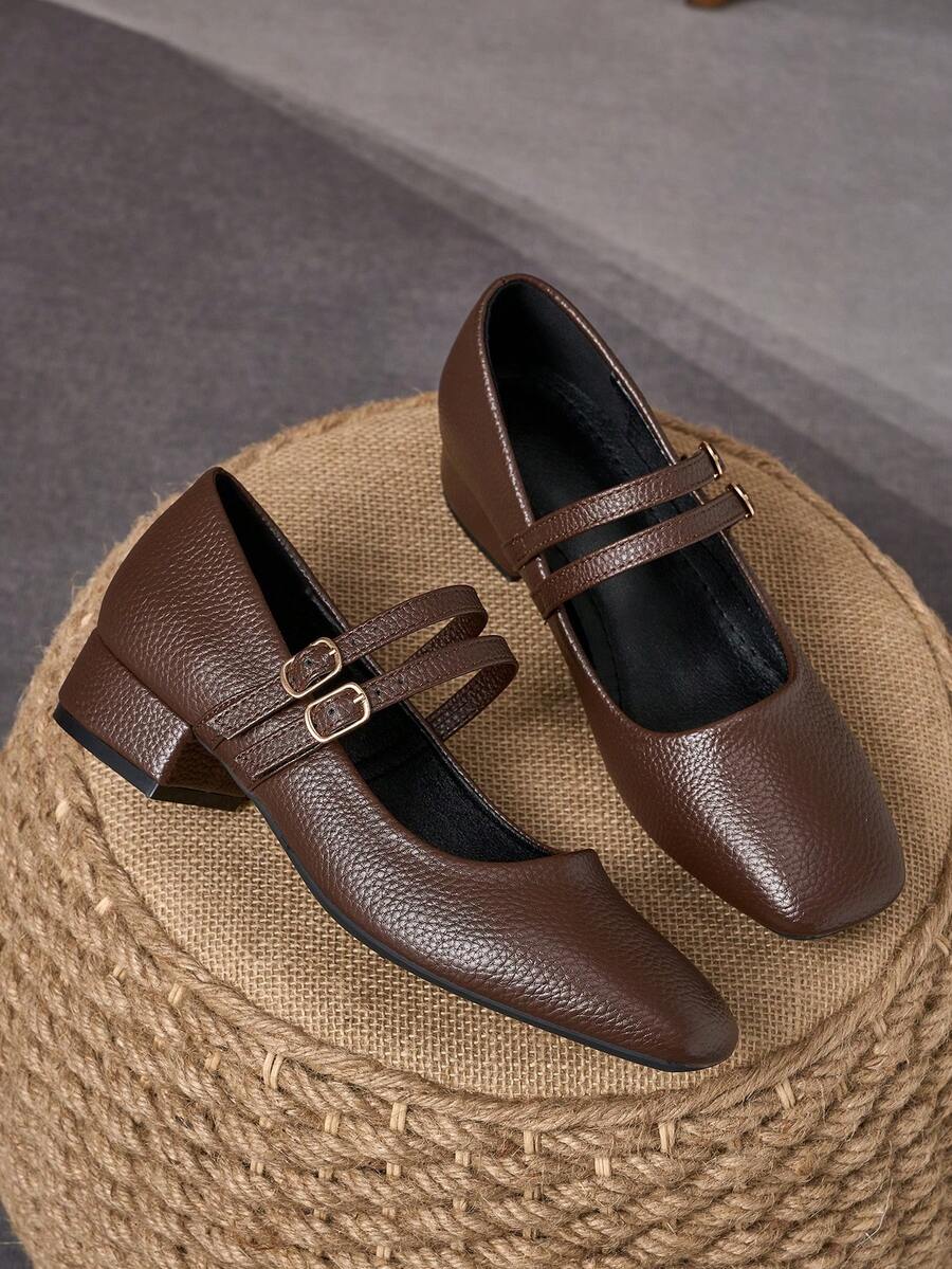 MonaNise 女士3厘米布面包跟黑色时尚百搭藏蓝色、咖啡色、酒红色低跟粗跟优雅玛丽珍鞋 - 棕色 - 查看 1