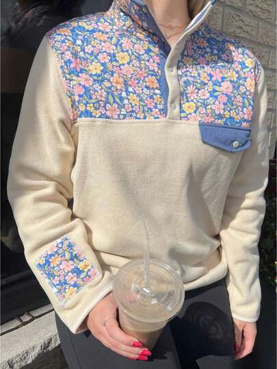 Womens Oversized Fleece Sweatshirt Patchwork Floral Checkered Accents Long Sleeve Polo Collar Pullover Tops Spring Fall Casual Outfits