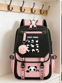 Casual Multifunctional Lightweight Backpack, Panda Design With Plush Pendant, Multifunctional, Simple, Fresh, Large Capacity, Lightweight Spine Protection Backpack, Lightweight Travel Backpack, Suitable For Daily Commuting And Travel - Backpack - View 1
