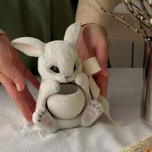 2件套DIY粘土模具复活节坐姿兔子杯环氧树脂硅胶模具复活节兔子圆形蜡烛杯石膏水泥模具小花盆烛台硅胶模具逼真兔子蜡烛模具，可重复使用，易脱模 - 白色 - 查看 5