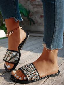 Women's Bohemian Beach Holiday Sandals, Fashionable Casual Comfortable Slip-On Sandals, Women's Summer Slip-On Flat Sandals - Black - View 9