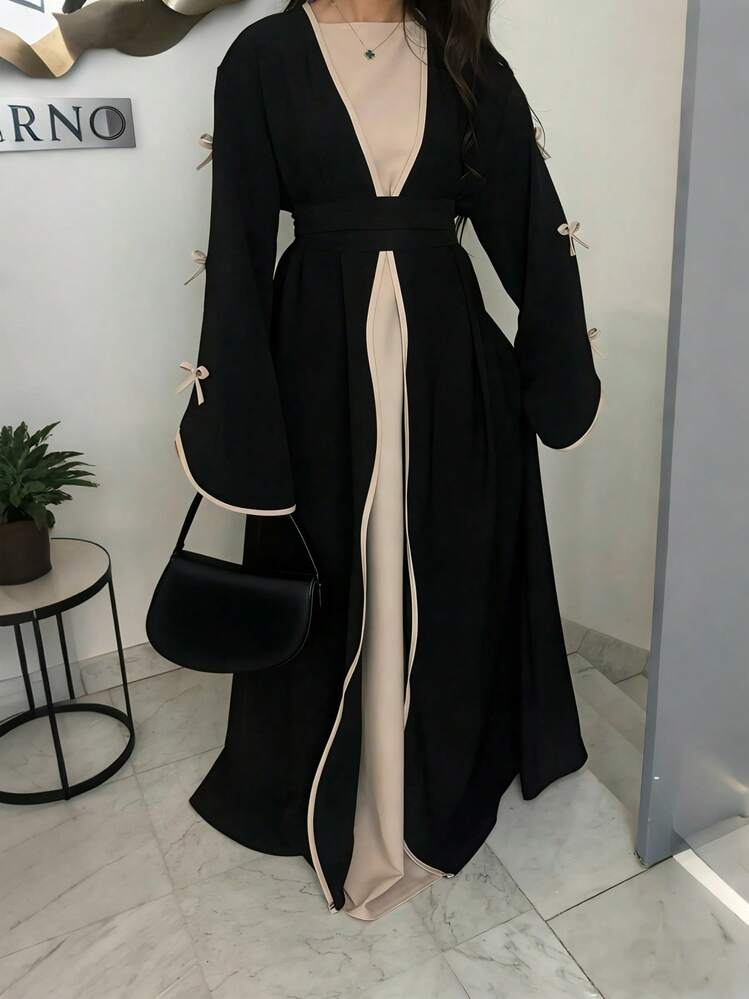 SuofeiMan New Stylish Middle Eastern Minimalist Bow Abaya, Black Solid Color Casual Soft Comfortable Jacket With Belt, Festival Robe, Daily Wear Dress Spring - Black - View 4