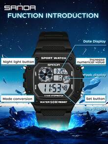 SANDA 2202 时尚男士电子手表 运动多功能防水 LED 发光单屏小方电子手表 - 黑與白 - 查看 4