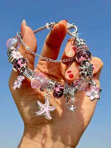 1pc Classic Cherry Blossom Charm Bracelet, 1pc Fashion Seawater Style Starfish Bracelet, 1pc Pink Cherry Blossom Charm Bracelet - 銀色 - 查看 2