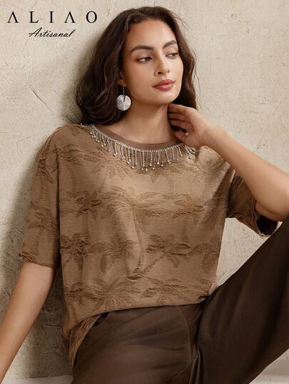 A&A 优雅圆领针织纹理宽松T恤，饰有水钻，女士夏季外出穿搭，端庄上衣，夏季上衣