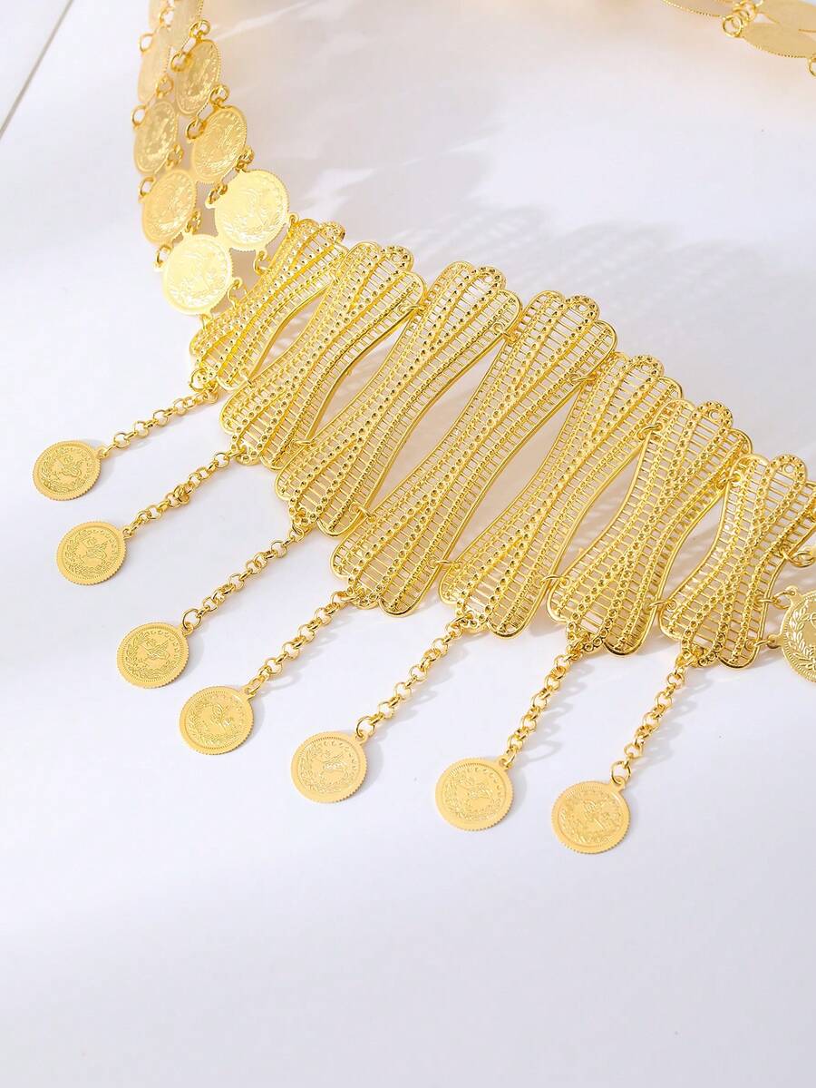 1pc Women's Gold-Plated Waist Belt, Hollow Carved With Turkish Ottoman Coin Pattern, Luxury Robe Waist Chain, Wedding Accessory, Holiday Gift