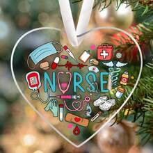 1 pièce Ornement de Noël en acrylique 2D infirmière, décoration motif médical infirmière, pendentif en acrylique transparent en forme de cœur, cadeau de Noël pour les infirmières, cadeau de fête pour les amis et les enfants - Transparent - Voir 4