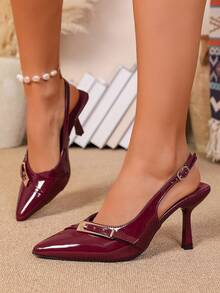 Giày cao gót nữ thanh lịch, gợi cảm, màu trơn, thích hợp đi làm, dự tiệc, chất liệu da PU, khóa cài, màu đen bóng, sandal gót thấp. - Màu Đỏ Sâu - Xem 3