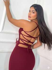 NEW Elegant Long Dress With Open Back, Lace-Up Back, Side Slit, Butt-Lifting, Slim Fit. - Gỗ đỏ - Xem 4