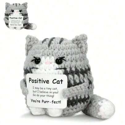 1pc Hand Crochet Front Cat Plush | Amigurumi Stuffed Animals With Inspirational Encouragement Card-"I Believe You!" | Lovely Gray Tabby Cat Decoration, Suitable For Valentine's Day/Birthday/Desk/Family Bookshelf | Perfect Incentive Gift For Women, Children And Friends (Stress-Relieving Accessories)