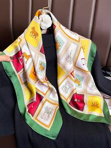 1条优雅格子马图案27.6英寸方形围巾，女士头巾，多功能领带，时尚头巾，防晒披肩 - 彩色 - 查看 2