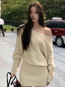 2025新款Y6Y无肩带长袖毛衣连衣裙，配腰带，性感修身包臀连衣裙，秋季款 - 白色 - 查看 10