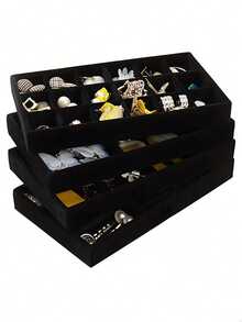 Large Capacity Velvet Jewelry Tray, Stackable Jewelry Display Stand With Separate Compartments, Suitable For Earrings, Necklaces, Bracelets, Rings, Hair Clips, Hair Bands, Etc. - Black - View 3