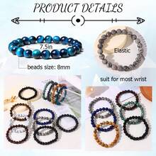 12Pcs Tiger Eye Bracelet For Men 8MM Natural Stone Beads Bracelet Set Stretch Lava Rock Bracelets Adjustable Black Crystal Beaded Bracelet For Men Women Gifts,12PCS - 12件 - 查看 4