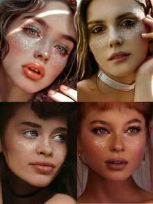 6pcs Gold Glitter Freckle Stickers, Waterproof Shiny Gold Freckle Stickers For Dance, Music Party, Create Glowing Freckle Makeup - Silver - View 2