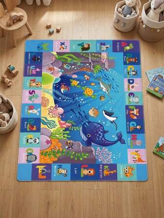 1 pieza Alfombra de juego de terciopelo lavable para niños, alfombra impresa con animales marinos, alfombra para sala de juegos, alfombra educativa ABC, adecuada para el juego de niños, decoración de sala de estar, parte superior suave y amigable con la piel, lavable, plegable, regalo de Año Nuevo, talla grande vendido