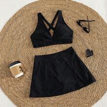 女士夏季新款纯色V领交叉系带开衩比基尼泳衣