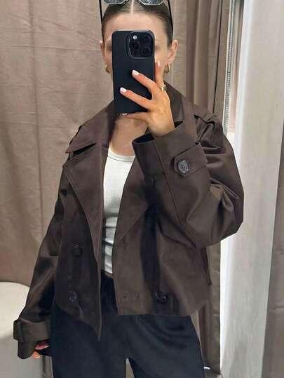 Women's Short Brown Jacket, Winter Coat, Street Style Outerwear, Autumn, Women's Double-Breasted Elegant Lapel Fashion Short Windbreaker, New Elegant Solid Color Office Lady Jacket Spring