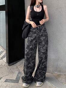 Americana de camuflaje retro pantalones vaqueros de pierna ancha las mujeres la primavera y el otoño de cintura alta suelta delgada recta pantalones de arrastre pantalon de mezclilla dama - Negro - Ver 5