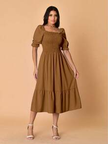 Plain Crepe Midi Dress With Elasticated Short Sleeves. - Mocha Brown - View 2