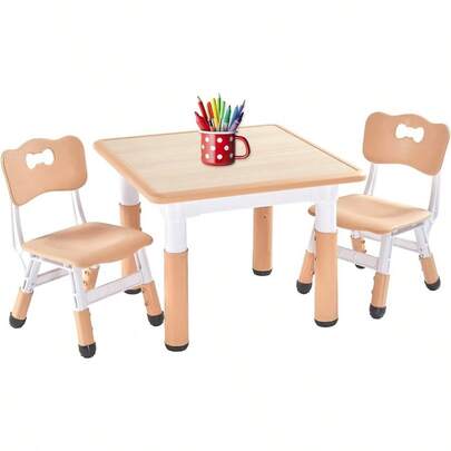Table And 2 Chairs Set Height Adjustable Toddler Table And Chair Set For Ages 3-8 Easy To Wipe Arts And Crafts Table For Classrooms/Daycares/Homes CPC And CE Approved 3pcs Set - Natural