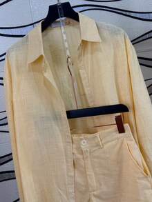 Linen Shirt And Shorts Set (2 Pieces) - Yellow - View 3