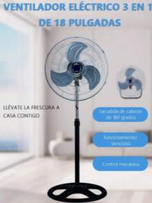 Ventilador 3 en 1,  de 3aspas, 3 Velocidades, 18", Negro Ventilador de Pedestal, Abanico de 3 Aspas Giratorio de 18 Pulgadas, Para Habitaciones y Espacios Largos, Oficinas, - Negro - Ver 5