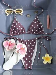女士波点印花两件式泳衣，系带露背细肩带三角上衣，侧系带泳裤，可爱风格，适合度假海滩穿着 - 酒紅色 - 查看 2