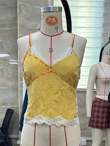 Women Sexy Tie Up Lace Trim Cami Tops Semi Sheer Crop Tops Y2k Girls Cute Summer Camisole Shirt Going Out Tops - 黑與白 - 查看 5