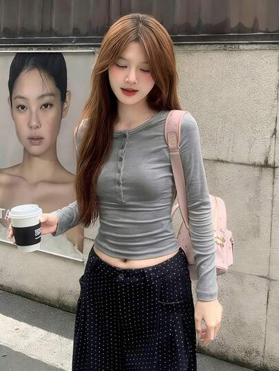Korean Style Sweet & Spicy Pink Long Sleeve T-Shirt For Women, Autumn/Winter, Half-Collar, Slim Fit, Base Layer Spring